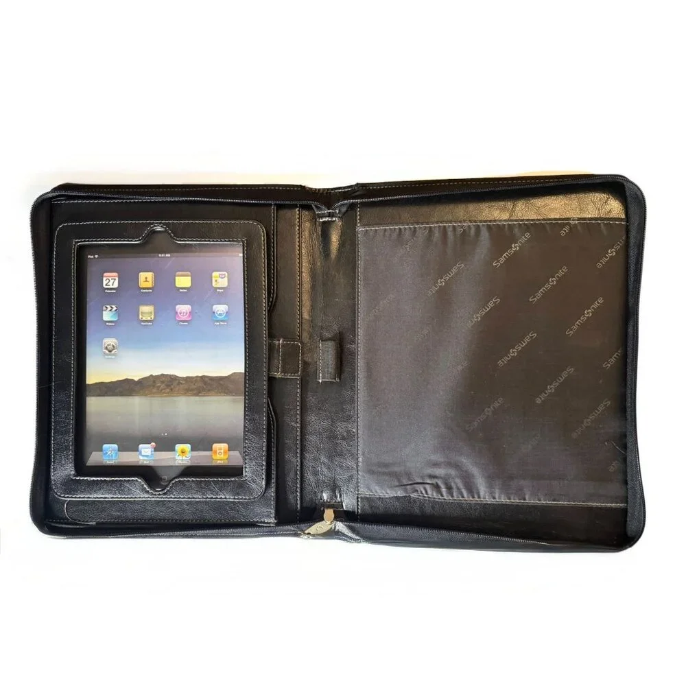 Samsonite Black Leather iPad Folio Organizer With Zipper Closure & Document Pock